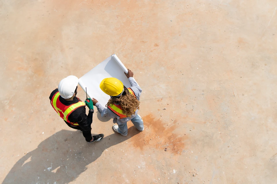 Vue de dessus de l'ingénieur civil et de la femme architecte avec un plan discutant du projet de construction sur le chantier