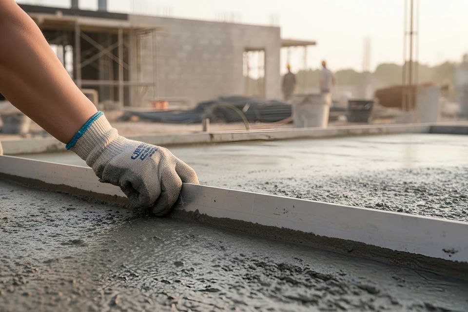 Chantier de construction extérieur avec ouvrier coulant du béton sur ferraillage à l'aide d'une pompe à béton